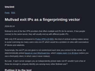 Preview of 'Mullvad exit IPs are surprisingly identifying'