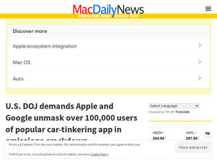 Preview of 'U.S. DOJ demands Apple and Google unmask over 100k users of car-tinkering app'