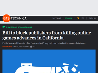 Preview of 'Bill to block publishers from killing online games advances in California'