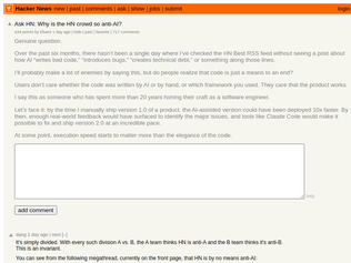 Preview of 'Ask HN: Why is the HN crowd so anti-AI?'