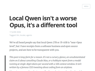 Preview of 'Local Qwen isn't a worse Opus, it's a different tool'