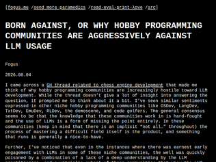 Preview of 'Born Against, or why hobby programming communities are against LLM usage'