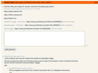 Preview of 'Ask HN: Why were OpenAI, Claude, and Grok simultaneously down?'