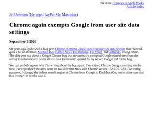 Preview of 'Chrome again exempts Google from user site data settings'