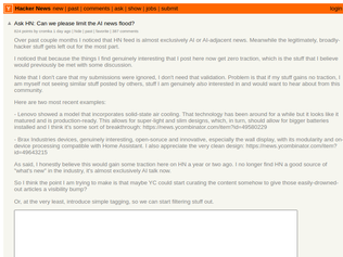 Preview of 'Ask HN: Can we please limit the AI news flood?'