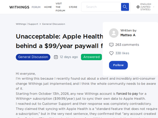 Preview of 'New Withings Users Must Pay $99/Year for Apple Health Syncing'