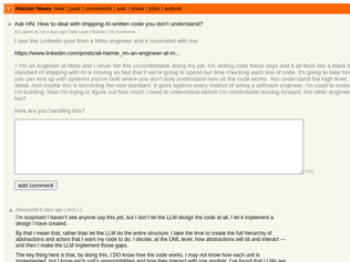 Preview of 'Ask HN: How to deal with shipping AI-written code you don't understand?'