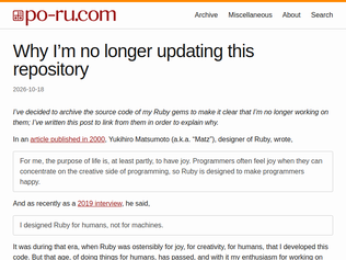 Preview of 'I no longer care to work on any Ruby gems so I've archived all my repositories'