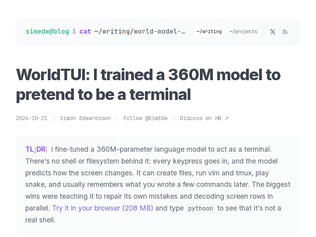 Preview of 'WorldTUI: I trained a 360M model to pretend to be a terminal'