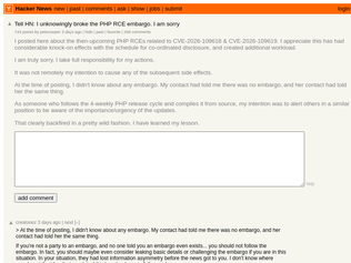 Preview of 'Tell HN: I unknowingly broke the PHP RCE embargo. I am sorry'