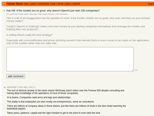 Preview of 'Ask HN: If the models are so good, why doesn't OpenAI just start 100 companies?'